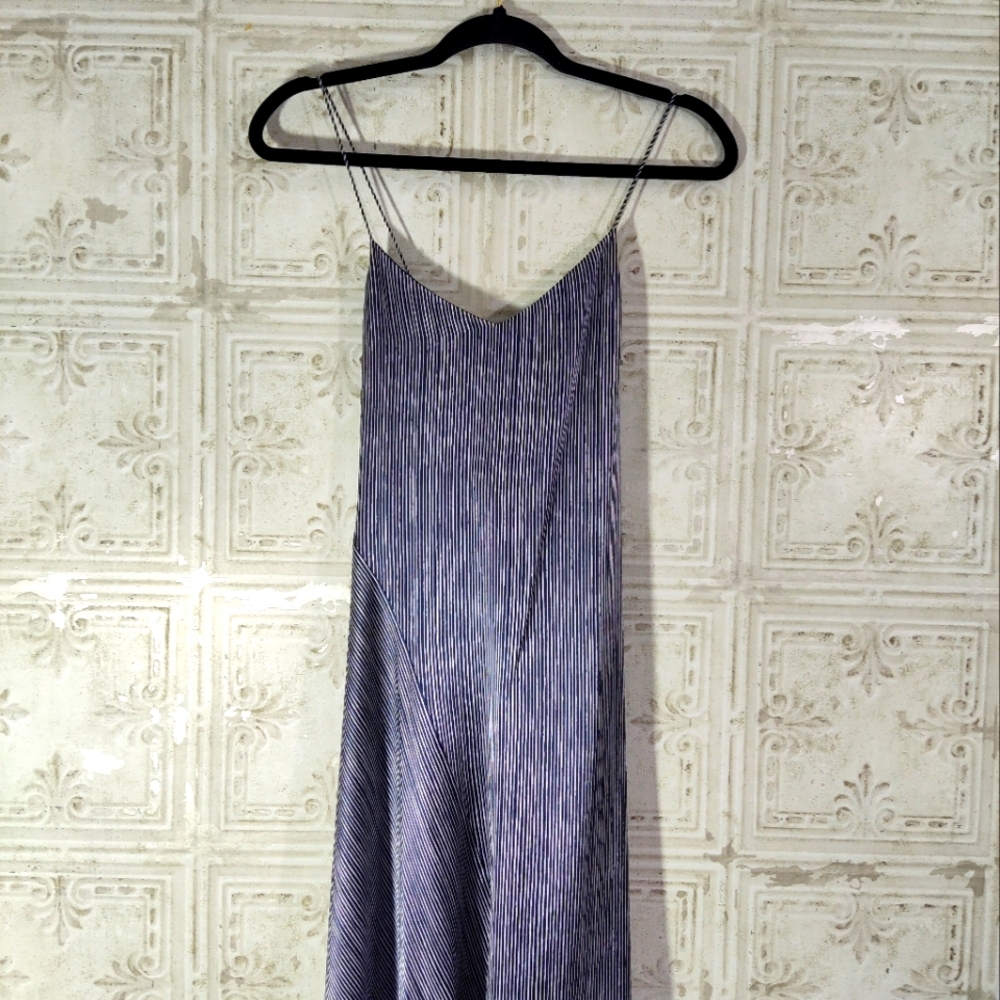 THEORY SILK NAVY MULTI PAINTERLY STRIPE EASY CROSS BACK DRESS